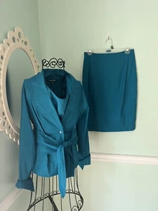 SAMUEL DONG S Teal 3 Piece Belted Blazer Suit Skirt Small - Picture 1 of 6