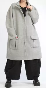PLUS SIZE GREY BOILED WOOL LONG JACKET WITH A-STAND UP COLLAR Size 24-28 - Picture 1 of 5