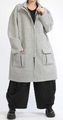 PLUS SIZE GREY BOILED WOOL LONG JACKET WITH A-STAND UP COLLAR Size 24-28 - Image 1 of 4