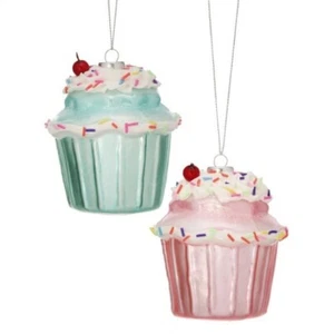 Set of 2 ICED CUPCAKE WITH SPRINKLES Glass Christmas Ornaments, by Regency - Picture 1 of 1