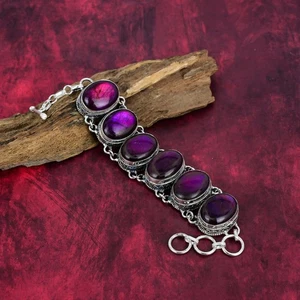 Pink Flash Labradorite Gemstone 925 Sterling Silver Statement Jewelry Bracelet - Picture 1 of 5