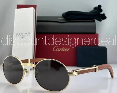 Gafas de sol Cartier ovaladas marco de oro amarillo marrón madera gris lente CT0464S 006 L 55 Foto 1 de 4