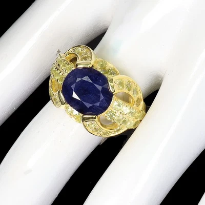 Black Friday 925 Sterling Silver Ring Blue Sapphire 11x10mm Peridot Jewelry Sz 8 - Image 1 of 4