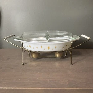 Vtg Pyrex Constellation Atomic Starburst Divided Dish Lid & Candle Warming Stand - Picture 1 of 9