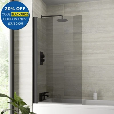Over Bath Shower Screen Door 800mm Frameless Black Square 6mm Safety Glass Panel - Image 1 of 4