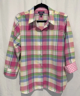 Chaps NO IRON Shirt Button Front Top Pink Blue Green Plaid 3/4 Sleeve Womens XL - Image 1 of 4