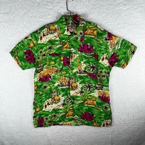 Vintage 50s Hawaiian Holiday Korea Mens L Button Up Shirt Green Hula Polynesian - Picture 1 of 15