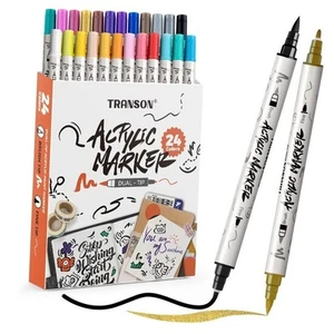 24 Colors Fine and Brush Dual-tip Acrylic Paint Marker Pen Set for Canvas - Picture 1 of 7