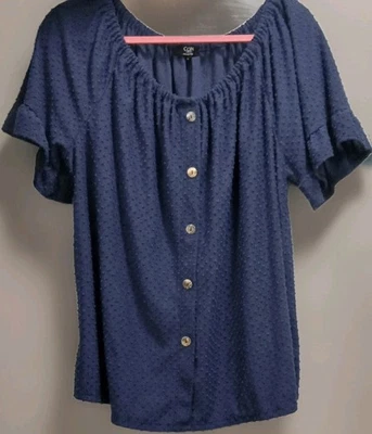 Blusa Top Coin 1804 Plus 2X Mujer Azul Punto Suizo Botón Frontal Manga Corta Foto 1 de 4