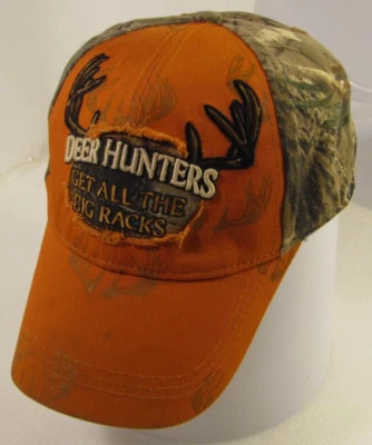 Novelty Hat Mens Orange Camouflage Distressed Deer Hunters Get All the Big Racks - Image 1 of 4