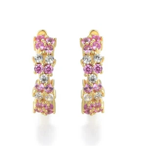 Ladies 9 Carat Gold on Sterling 925 Silver Ruby & White Sapphire Huggie Earrings - Picture 1 of 6