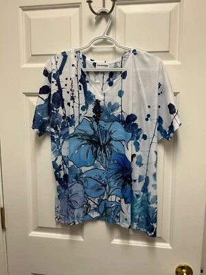 ЖЕНЩИН BRECKENRIDGE ВЕРХНИЙ РАЗМЕР XL КОРОТКИЕ РУКАВА СИНИЙ И БЕЛЫЙ ЦВЕТОЧНЫЙ НОВЫЙ БЕЗ ЯРЛЫКОВ - Изображение 1 из 3