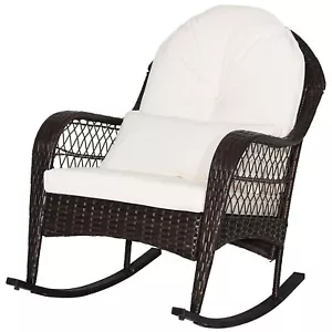 Patio Wicker Rocking Chair w/ White Seat Cushions & Lumbar Pillow Porch - Picture 1 of 5