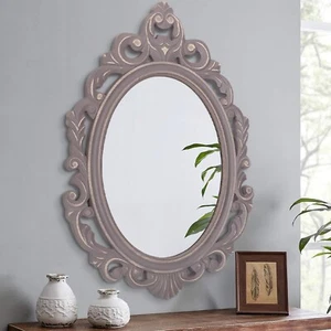 LZUSO OVAL VINTAGE HANGING MIRROR RUSTIC BROWN CARVED WALL MIRROR 60 X 40 CM - Picture 1 of 8