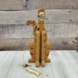 Vintage Handcarved Wooden Folk Art Cat Figure Handmade Fish Shelf Sitter Decor - Picture 1 of 8