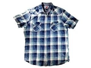 Men's Flag & Anthem Desert Son Blue Plaid Pearl Snap Short Sleeve Collared Shirt - Picture 1 of 11