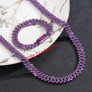 Cuban Chain Alloy Full Diamond Purple Hip Hop Bracelet Men's Rap Cool Necklace - Picture 1 of 13