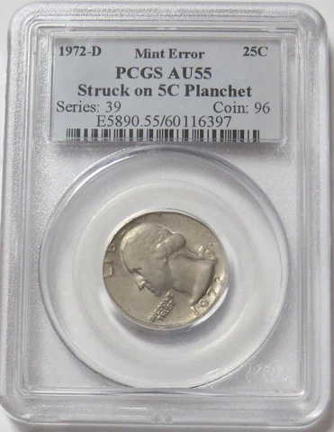 1972 D QUARTER STRUCK ON NICKEL PLANCHET ERROR PCGS AU55 Cover