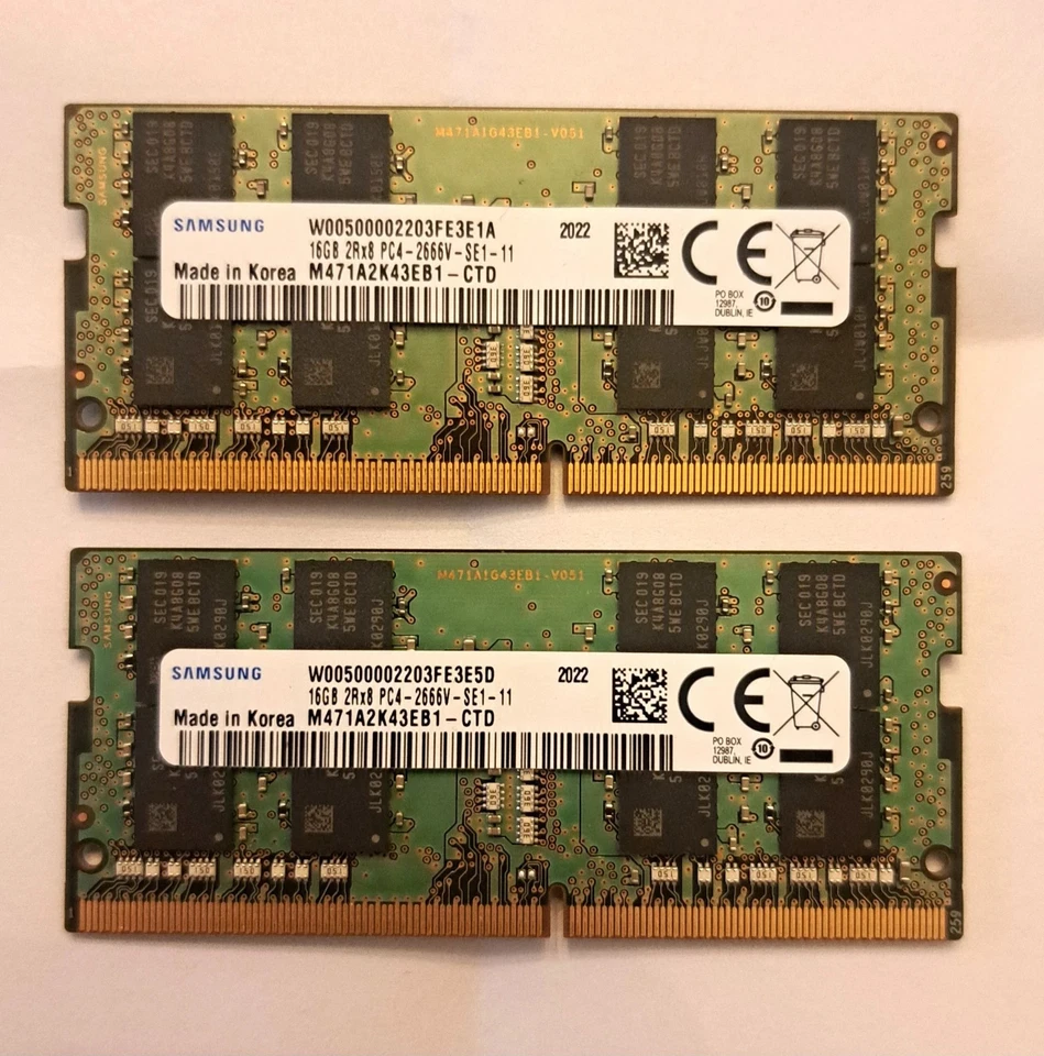 32 GB (16GB x 2) RAM - 三星 2rx8 PC4-2666V-SE1-11 非ECC / M471A2K43EB1-CTD — 第 1/1 张图片