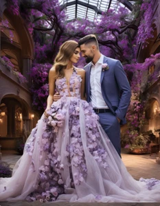 Lavander Floral Wedding Dresses V Neck Court Train 3D Flowers Bridal Gowns - Picture 1 of 8