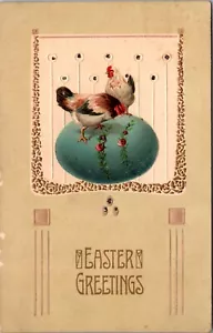 Six Embossed Easter Postcards Chicken and Roosters Standing on Colored Eggs - Picture 1 of 12