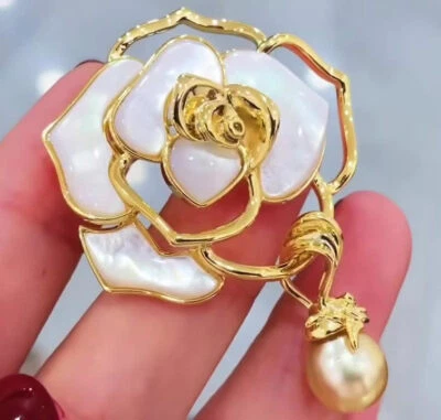 Broches naturales de camelia concha de cristal perla amarilla de 9-10 mm 18 kgp para mujer Foto 1 de 4
