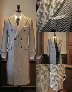 Men's Winter Long Coat British Style Herringbone Thickened Warm Overcoat Casual - Picture 1 of 12