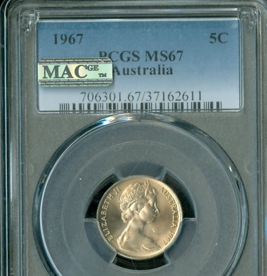 1967 AUSTRALIA 5 CENTS NGC MS67 PQ 2ND FINEST REGISTRY MAC SPOTLESS  * - Image 1 of 2
