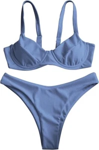 ZAFUL Women's Ribbed Underwire Bikini High Cut Colorblock V Notch Swimwear SMALL - Picture 1 of 7