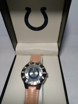 Indianapolis Colts NFL Womens Watch w/ Pink Leather Band w/ Rhinestones NEW - Image 1 of 4