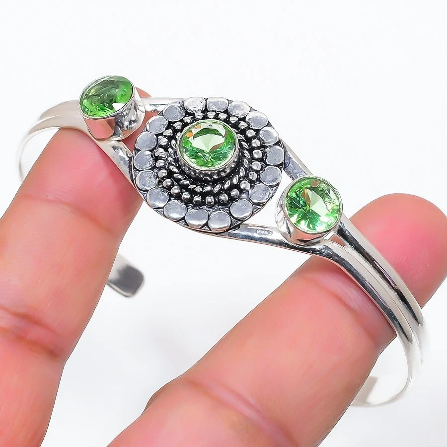 Tsavorite Gemstone Handmade 925 Sterling Silver Adjustable Cuff Bracelet - Image 1 of 1