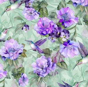 Timeless Treasures Garden Delight Floral Hummingbird Cotton Fabric by the Yard - Picture 1 of 4