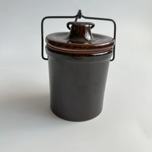 Vintage 1970's Brown Stoneware 5" Cheese Crock Wire Bail Clamp Lid Rubber Ring - Picture 1 of 12