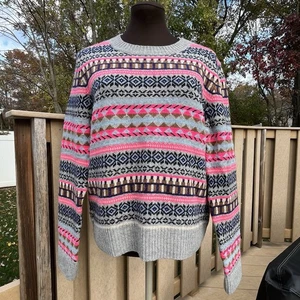 J.Crew Factory Women’s Merino Wool Blend Hot Pink Fair Isle Knit Sweater Size M - Picture 1 of 6