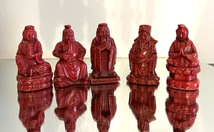 Vintage ASIAN Wise Men Deep Red Statues (5) Collectibles - Picture 1 of 1