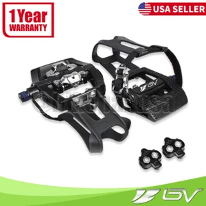 BV Shimano SPD Bike Pedals Clipless w/ Toe Clips Mountain Road Bike SPD Cleats - Picture 1 of 9