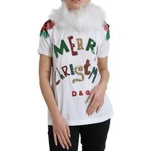 DOLCE & GABBANA T-shirt White Cotton Christmas Sequin Fur IT46/ US12 /XL 2930usd - Picture 1 of 11