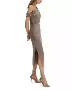 Vestido midi acanalado ceñido al cuerpo drapeado REISS $210 | Moca | Pequeño - Imagen 1 de 10