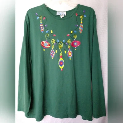 Camisa de Navidad para mujer BFA Classics verde manga larga adornos estampado talla XXL Foto 1 de 4
