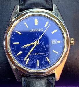Lorus Men's VX32-X207 Watch Blue Dial Date Quartz Black Leather Strap Classic - Picture 1 of 13
