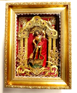 KLOSTERARBEIT Kastenbild Handarbeit hinter Glas Heilige Georg Drachentöter - Bild 1 von 22