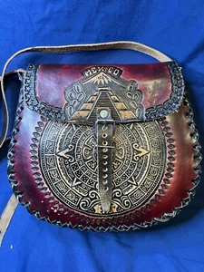 Hand Tooled HISPANIC Round Brownish Red Leather AZTEC  Purse HANDMADE - Picture 1 of 5