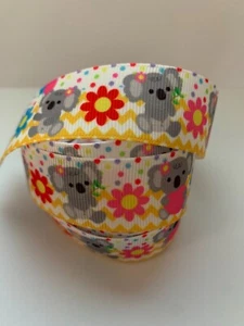 Grosgrain Cute Koala with Flowers and Chevron Ribbon 1" 25mm - Picture 1 of 1
