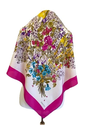 Cachecol Y9#Mantero 100% seda floral Itália estampa buquê multicolorido borda rosa vintage - Imagem 1 de 4