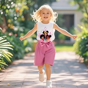 Kid Shorts Girls Printed Sleeveless Vest T-Shirt + Bowtie Shorts 2PCS Outfits - Picture 1 of 7