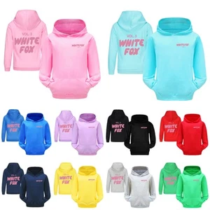 Girls Boys White Pink Foxes Pocket Hoodied Hoodies Kids Long Sleeve Pullover Top - Picture 1 of 35