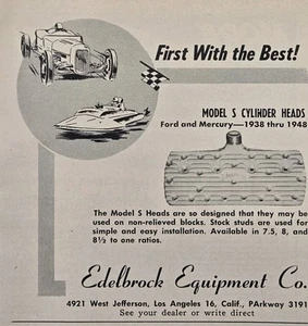 Edelbrock Equipment Co Los Angeles CA Modelo S Cabezas Carreras Anuncio Impreso De Colección 1951 - Imagen 1 de 4