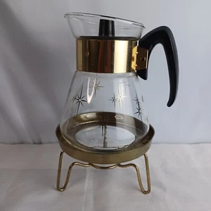Vtg Corning Gold Atomic Starburst Carafe With Stand Coffee Tea MCM Retro - Picture 1 of 14