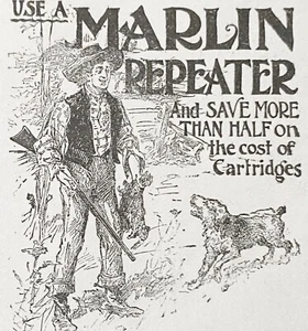 Anuncio impreso escopeta/rifle antiguo MARLIN REPETIDOR de colección con dibujo de perro de caza para hombre y caza - Imagen 1 de 2