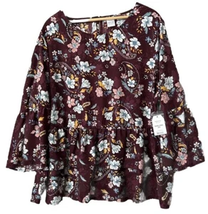 Time and Tru Top XXXL New Burgundy Boho Floral CottageCore Shirt Blouse 22 NWT - Picture 1 of 9